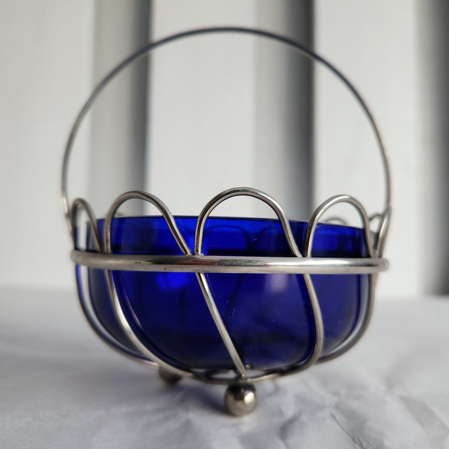 Vintage Bristol Blue Glass Bowl with Silver Toned Holder