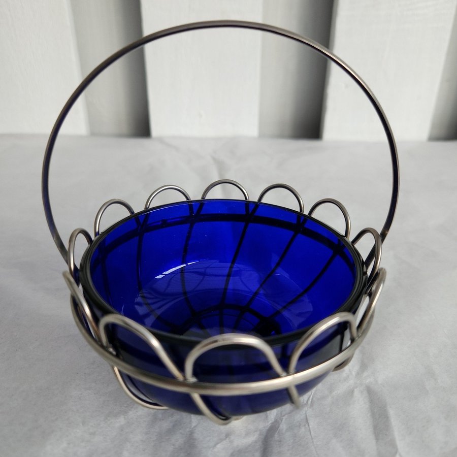 Vintage Bristol Blue Glass Bowl with Silver Toned Holder