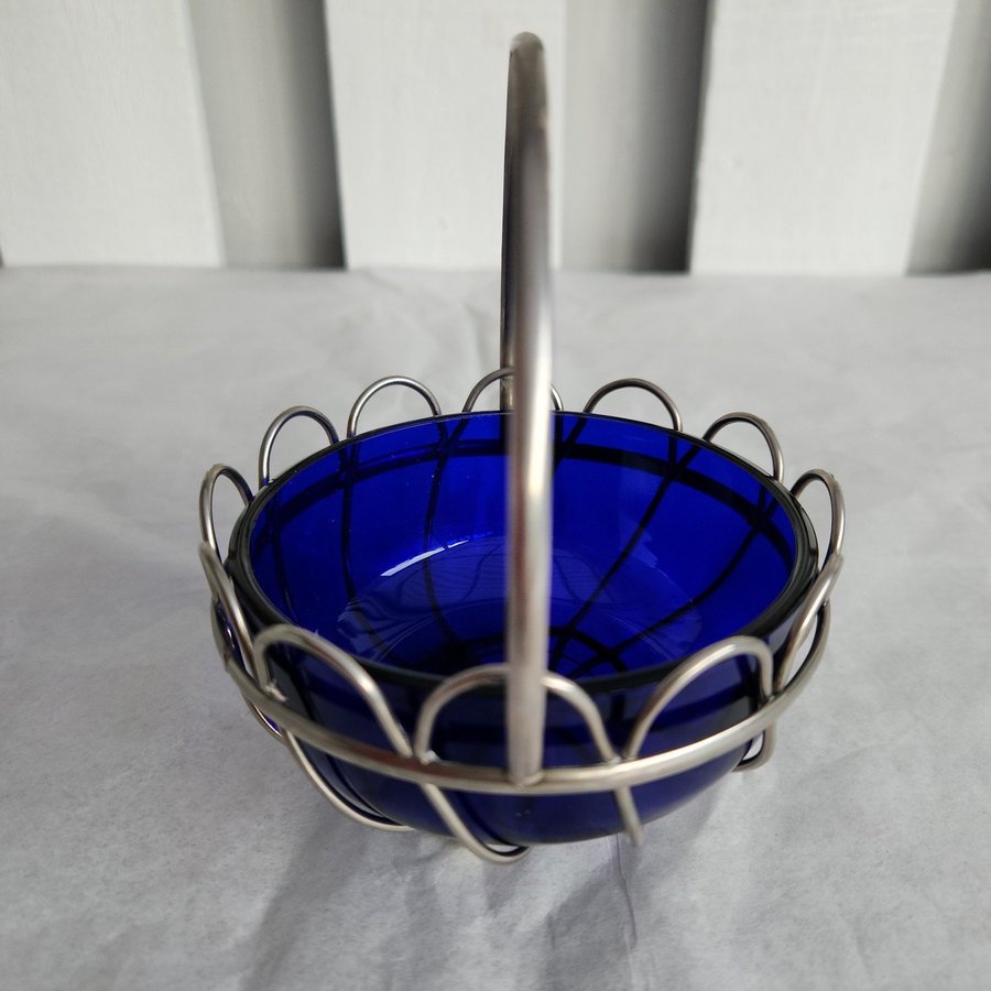 Vintage Bristol Blue Glass Bowl with Silver Toned Holder