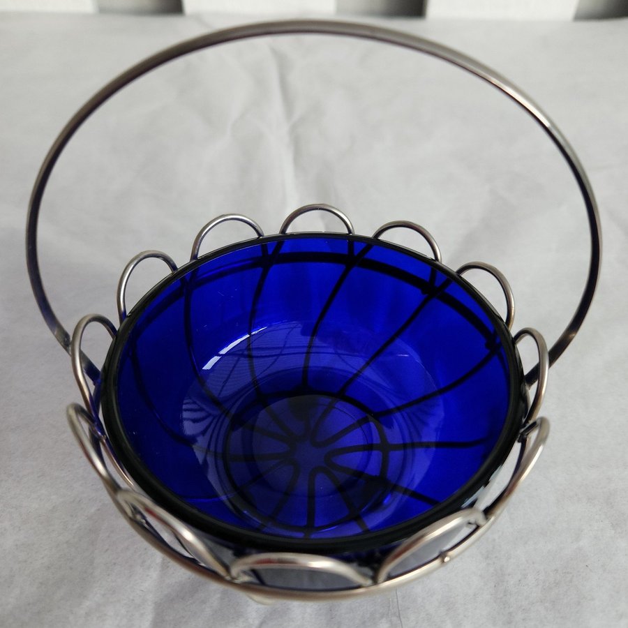 Vintage Bristol Blue Glass Bowl with Silver Toned Holder