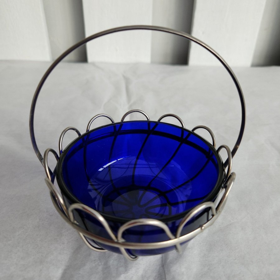 Vintage Bristol Blue Glass Bowl with Silver Toned Holder