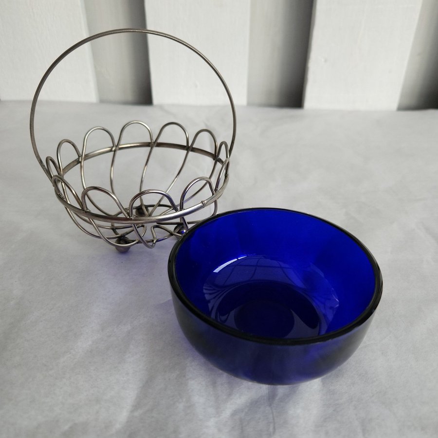 Vintage Bristol Blue Glass Bowl with Silver Toned Holder