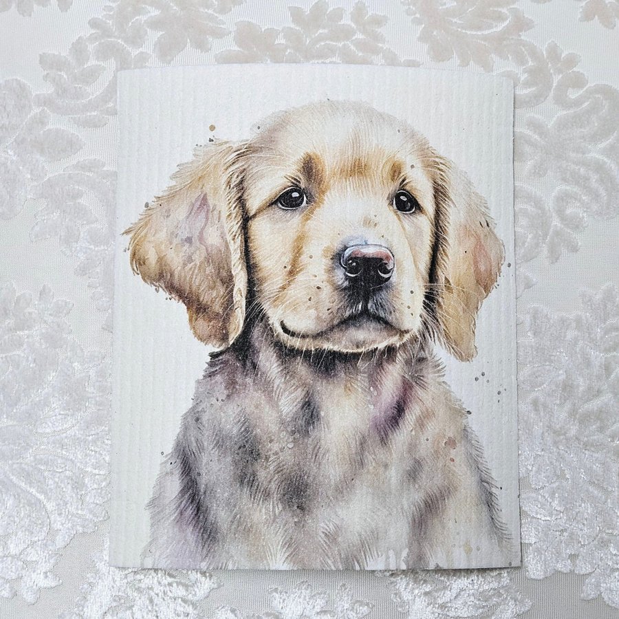 Disktrasa wettex duk med tryck print golden retriever valp hund