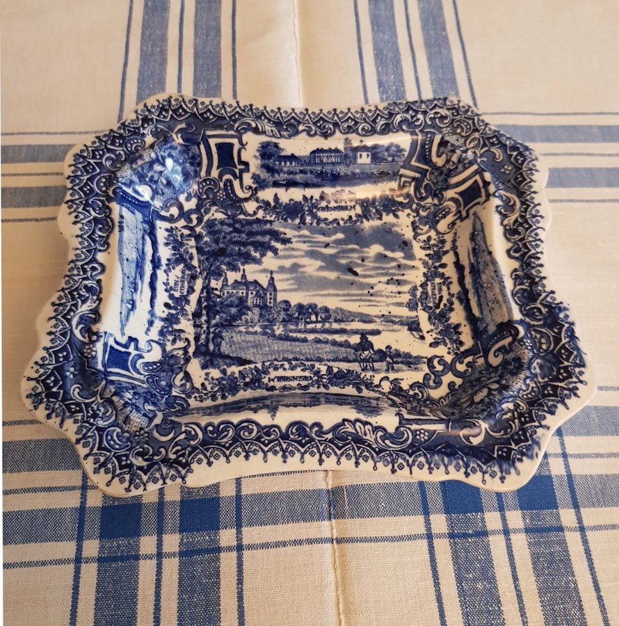 Antikt " Svenska Slott " Rörstrand Serveringsfat På Fot Kobolt 24 × 21 × 45 Cm