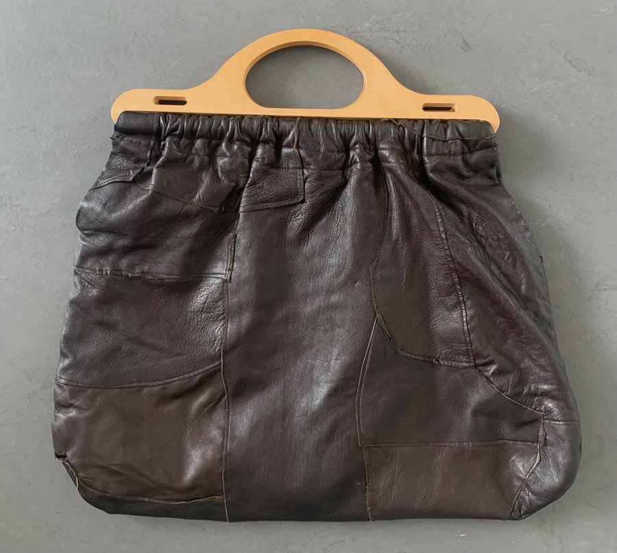 Vintage 70-tal skinnväska trä handtag tote shopping väska boho sommar
