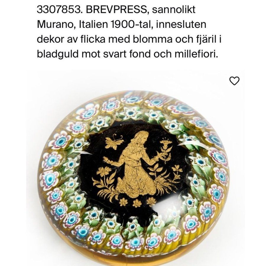 Murano brevpress millefiori guld 1900tal stjärntecken jungfrun blommor fjäril