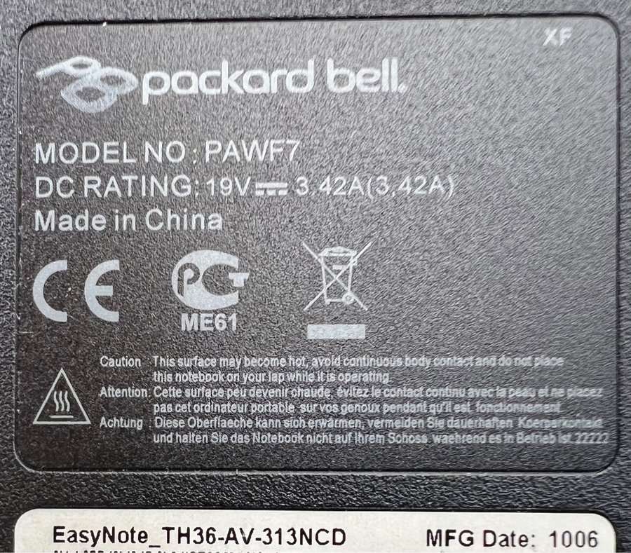 Laptop Packard Bell modell EasyNote TH