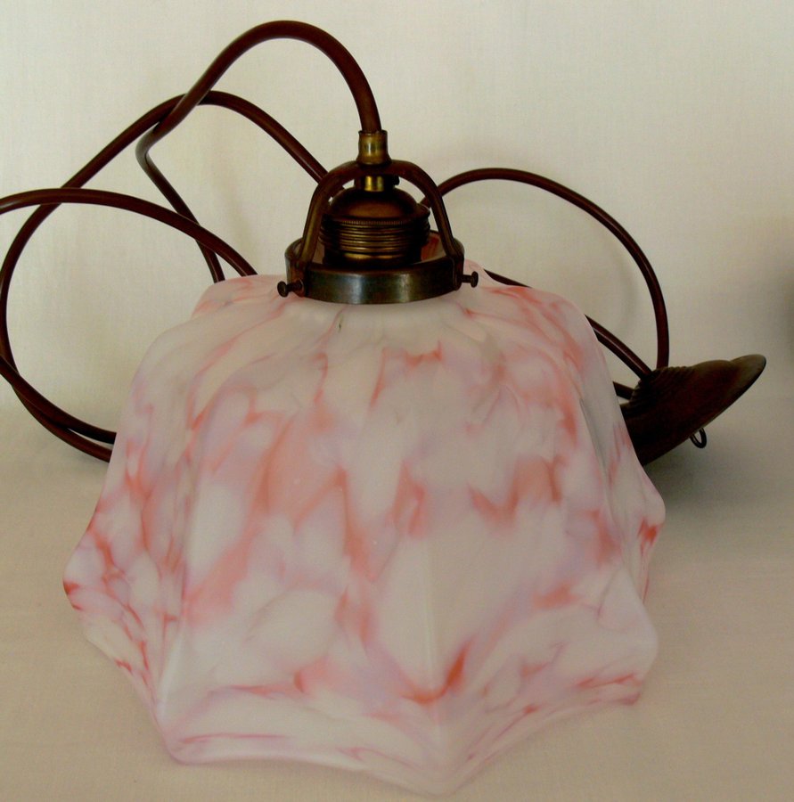 Väldigt vacker antik taklampa rosa melerat glas koppar Art Deco 30-tal