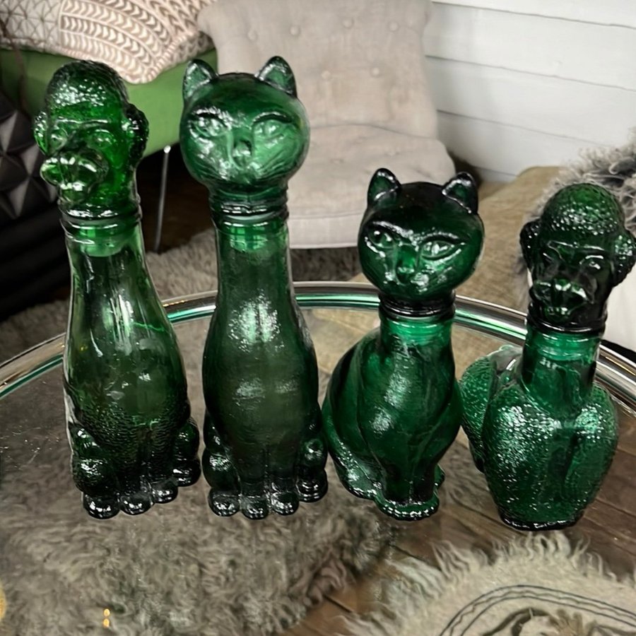 4 st EMPOLI grönt glas karaff flaska pudel katt hund Vetreria Etruska?