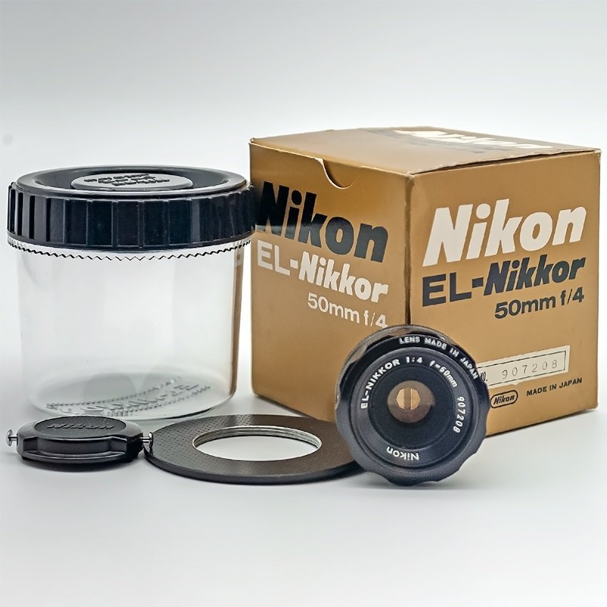 Nikon EL- Nikkor 50 mm f/4 objektiv i originalask nummer 907208