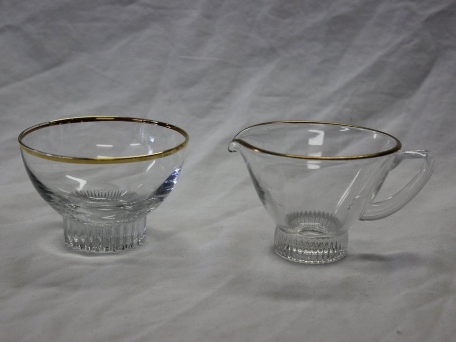 Vintage Gräddkanna och Liten Skål i Räfflat Glas med Guldkant Dekor