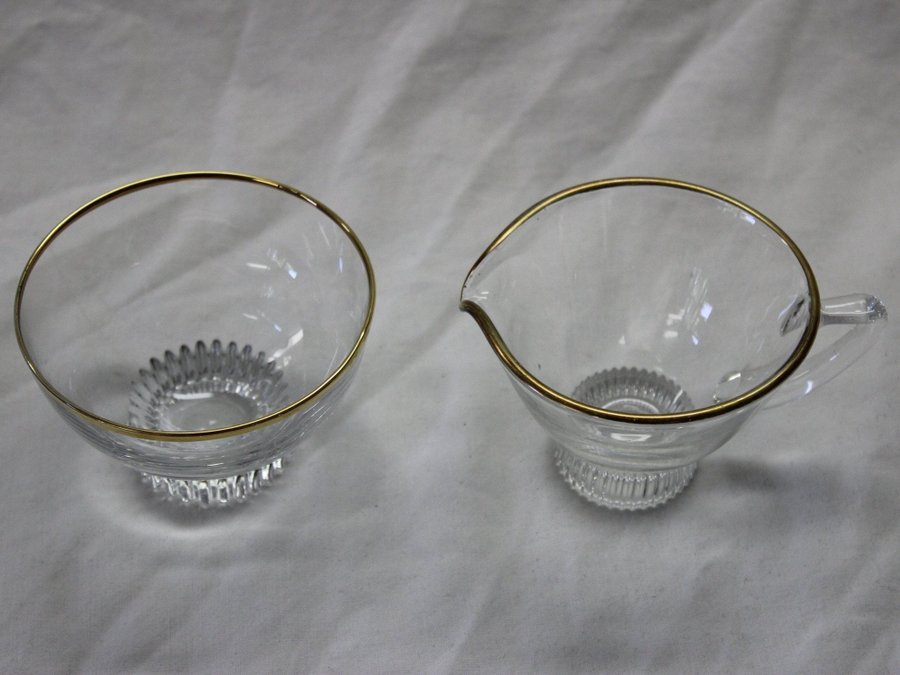 Vintage Gräddkanna och Liten Skål i Räfflat Glas med Guldkant Dekor