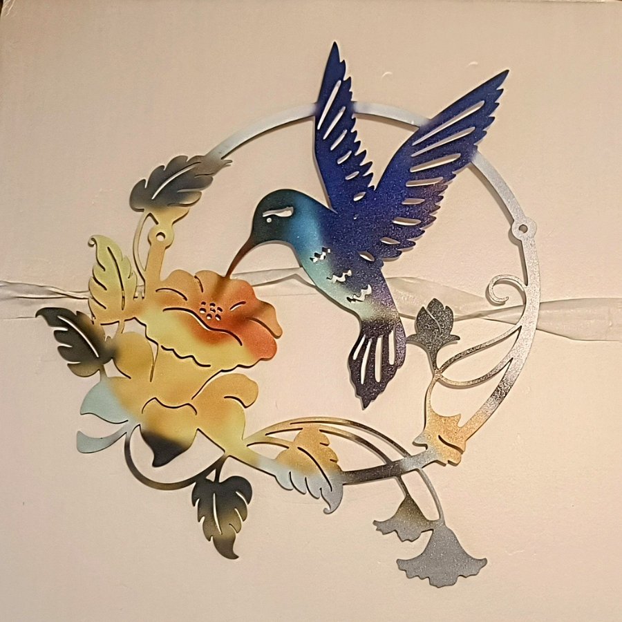 Metallväggkonst för trädgården Kolibri med Blomma 26 x 26 cm