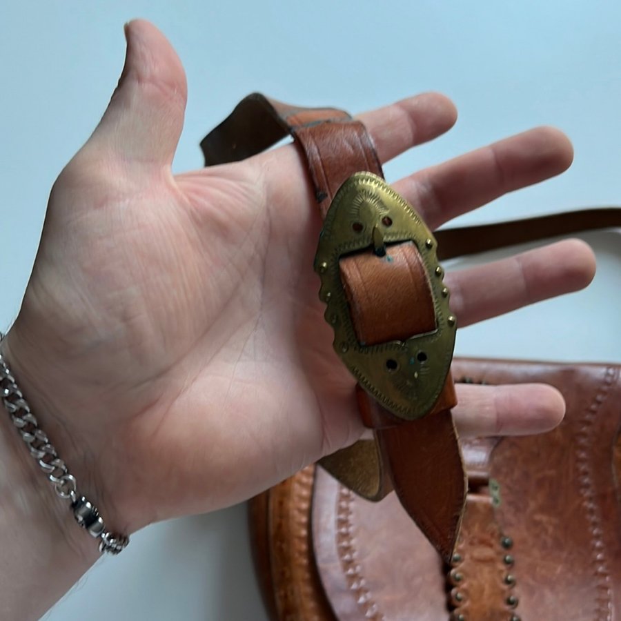Vintage brun läder axelväska äkta läder liten handväska -retro väska hobo 70 80