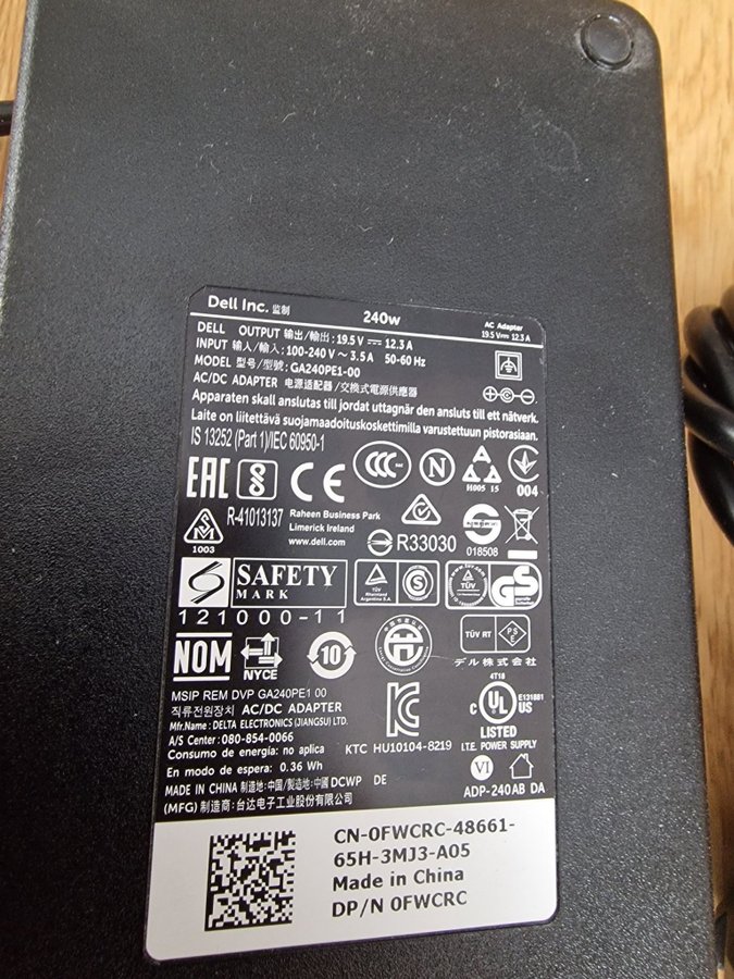 Original Dell 240W AC Adapter / Laddare 195V 123A