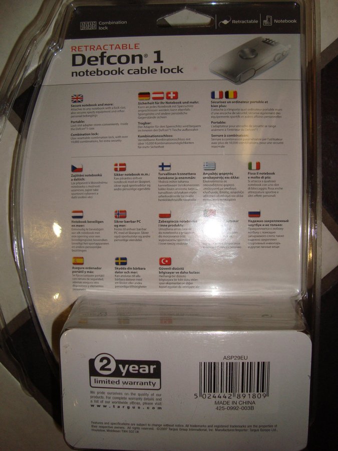 Defcon 1 Notebook Cable Lock med kombinationslås Ny!