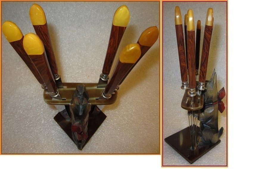 Art Deco German/SOLINGEN/ Bakelite 6pcsFruit Knife Set Dog Flatware Very Rare!