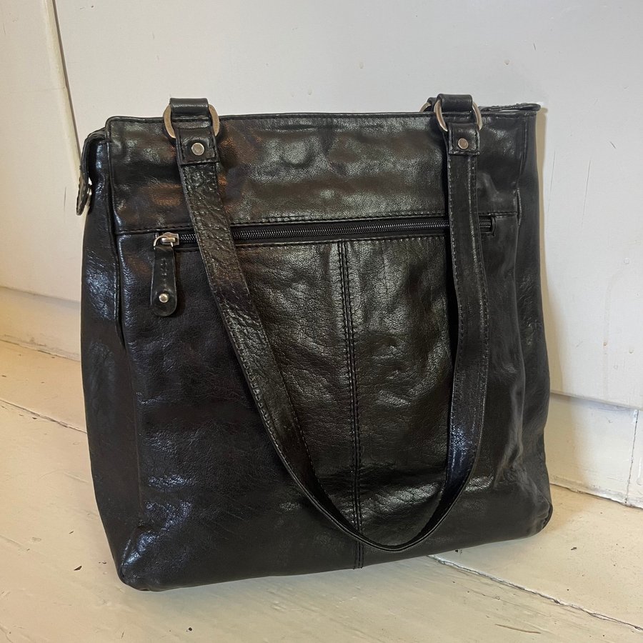 Läcker Skinnshopper Stor Svart Läder Tote Vintage Axelremsväska