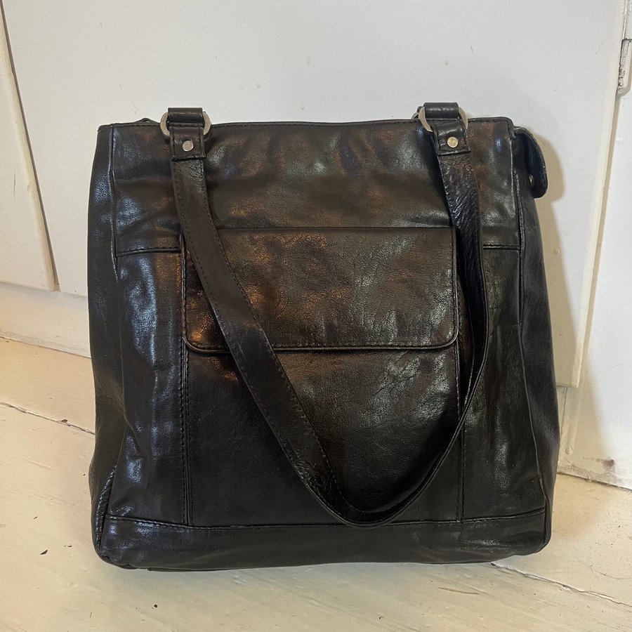 Läcker Skinnshopper Stor Svart Läder Tote Vintage Axelremsväska