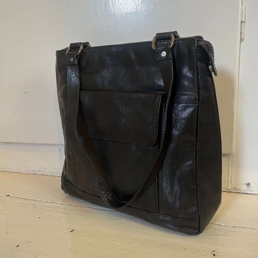 Läcker Skinnshopper Stor Svart Läder Tote Vintage Axelremsväska