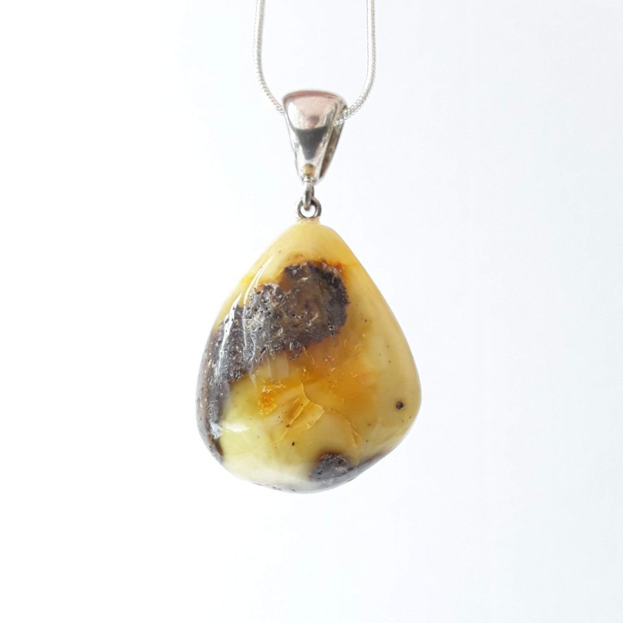 Chunky Baltic amber gemstone and 925 sterling silver teardrop unisex pendant