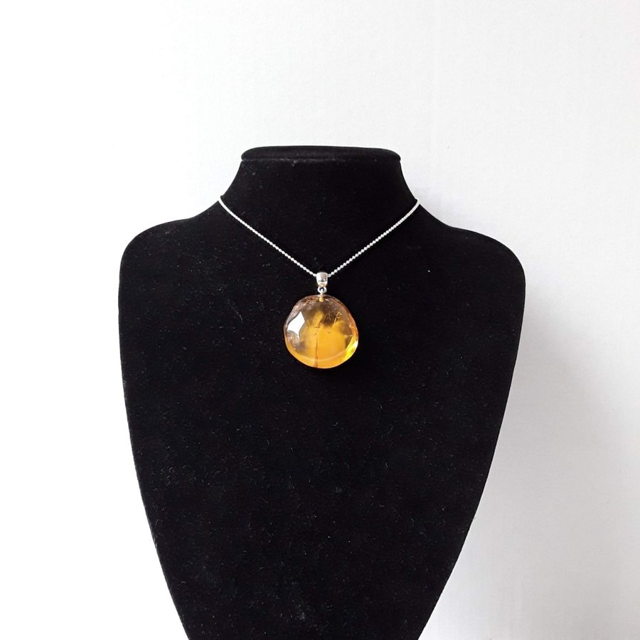 Yellow Baltic amber gemstone large round pendant with long silver color chain