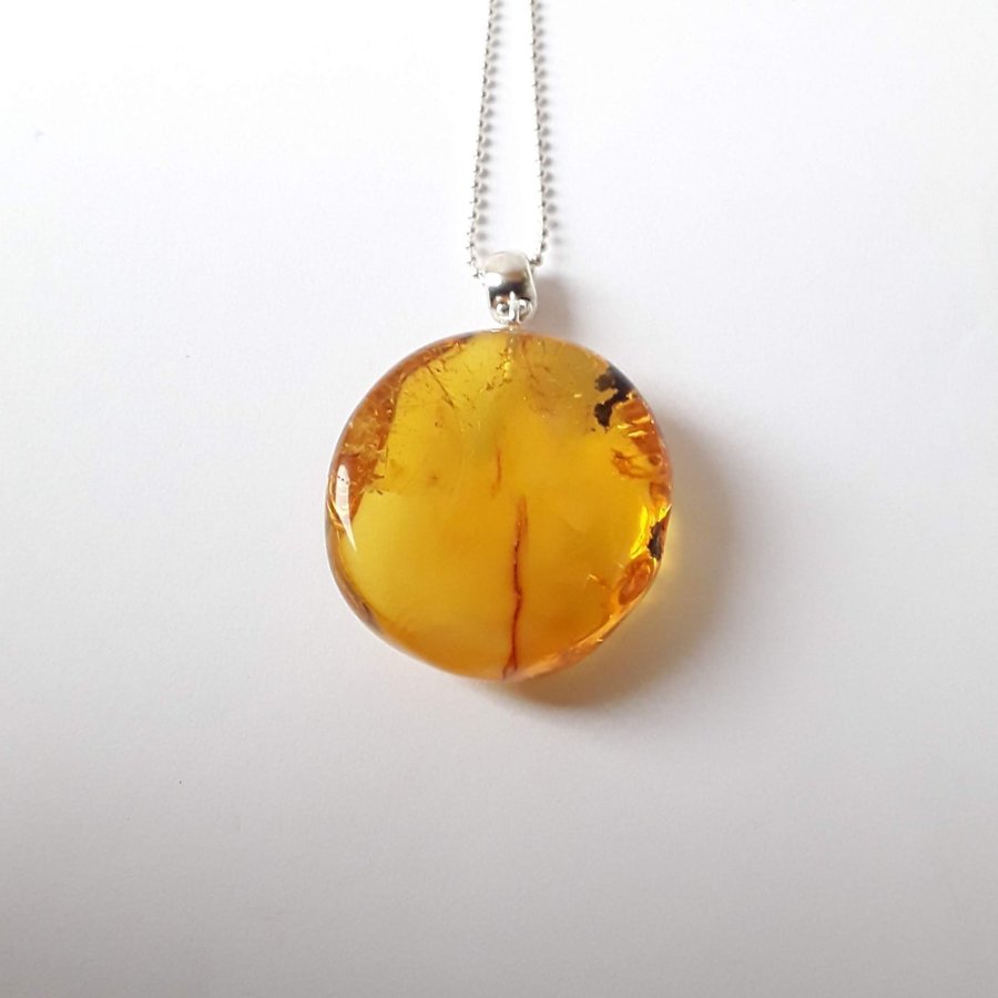 Yellow Baltic amber gemstone large round pendant with long silver color chain