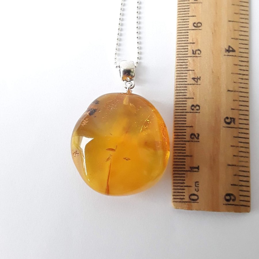 Yellow Baltic amber gemstone large round pendant with long silver color chain
