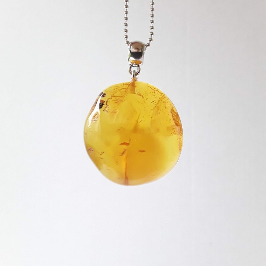 Yellow Baltic amber gemstone large round pendant with long silver color chain