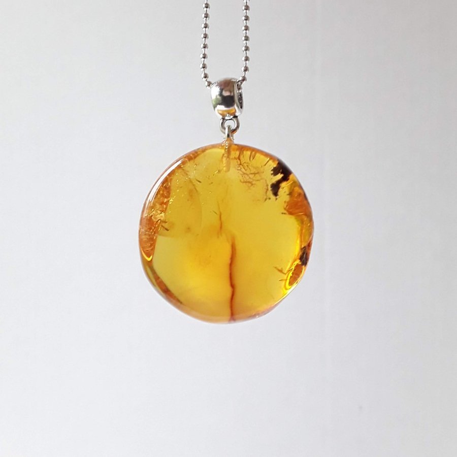 Yellow Baltic amber gemstone large round pendant with long silver color chain