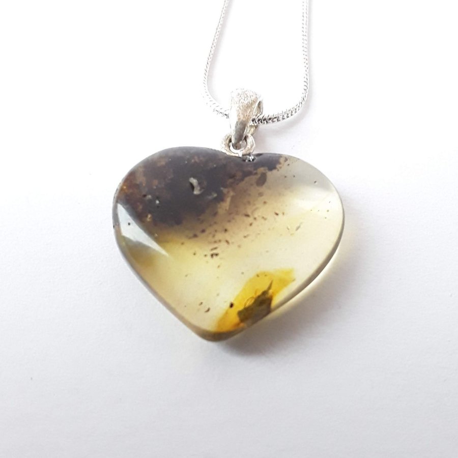 Baltic amber gemstone Heart pendant on a silver color chain Heart with insect