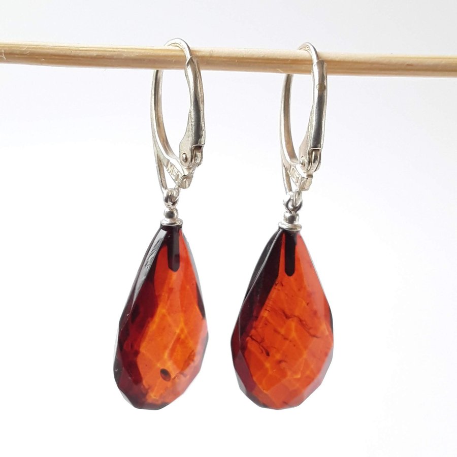 Brown Baltic amber gemstone dangle drop earrings cognac amber hanging earrings