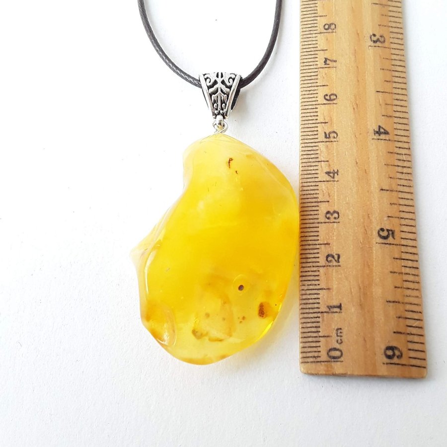 Yellow Baltic amber gemstone pendant on long chain honey amber necklace jewelry