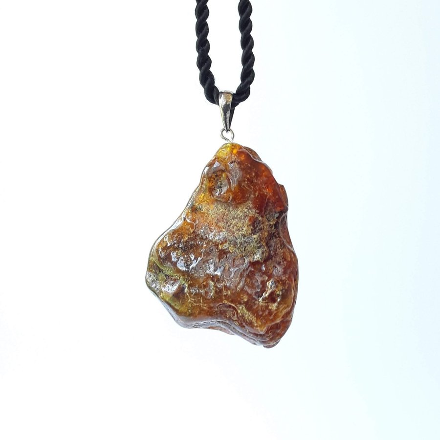 Brown Baltic amber pendant on a black chain large raw gemstone pendant necklace