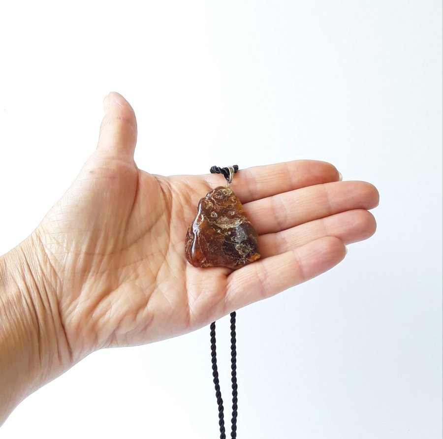 Brown Baltic amber pendant on a black chain large raw gemstone pendant necklace