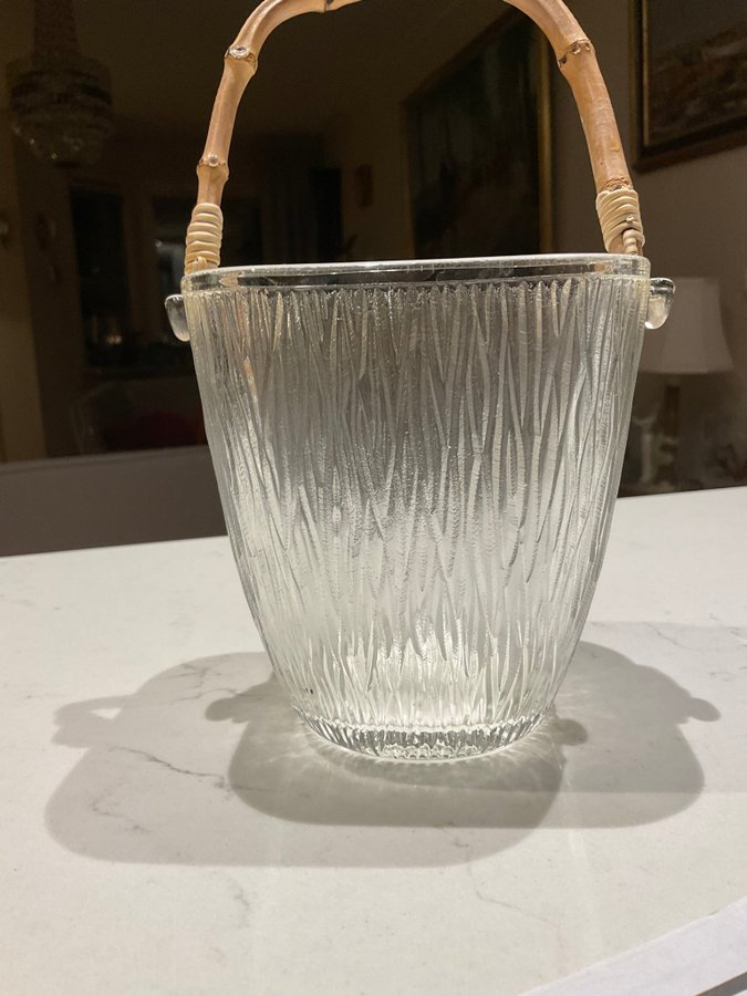 Vintage vacker skål/ ishink i glas med bambuhandtag