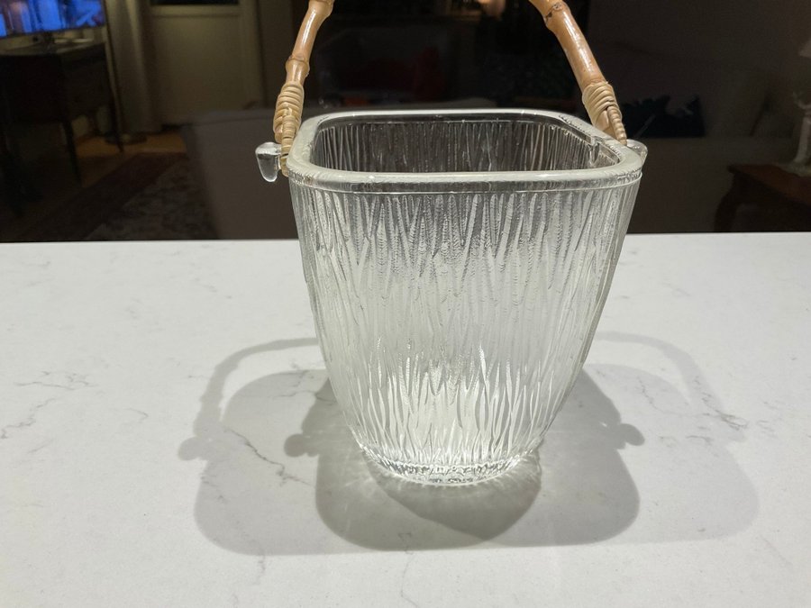 Vintage vacker skål/ ishink i glas med bambuhandtag