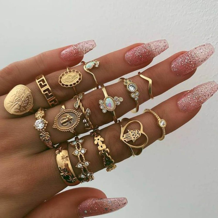 15-pack Boho Guld Ringar -Glittrande Rhinestones  Olika Mönster