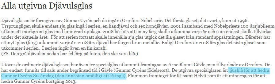 Nobel Djävulsglas 80-årsglaset Ljusblå 'Cyrén 80år' (2011) Gunnar Cyrén Orrefors