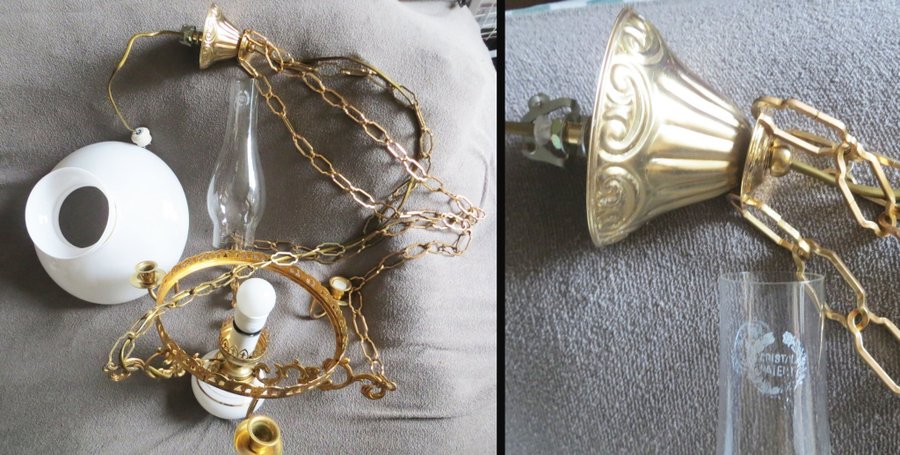 60-70 tals Vintage Taklampa Opalglas Pendel el FOTOGENLAMPA Porslin guldig dekor
