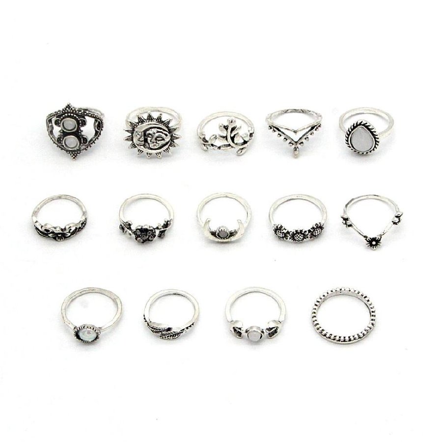 14-Pack Vintage Silver Ringar - Olika Former  Mönster