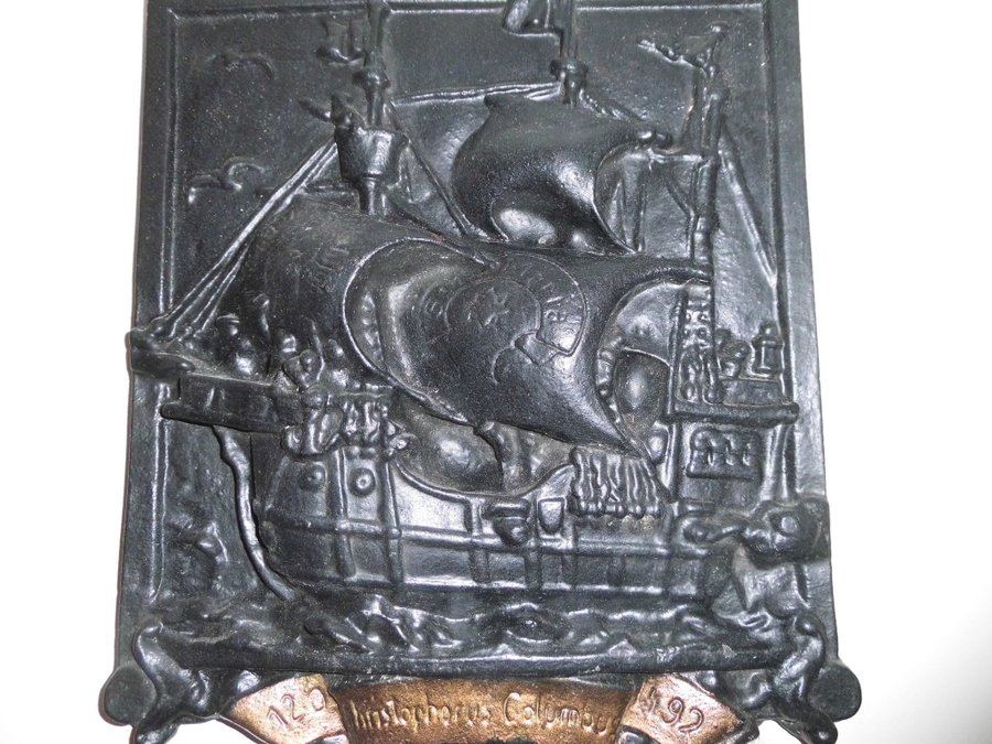 Äldre tavla metall Christoph Columbus Santa Maria