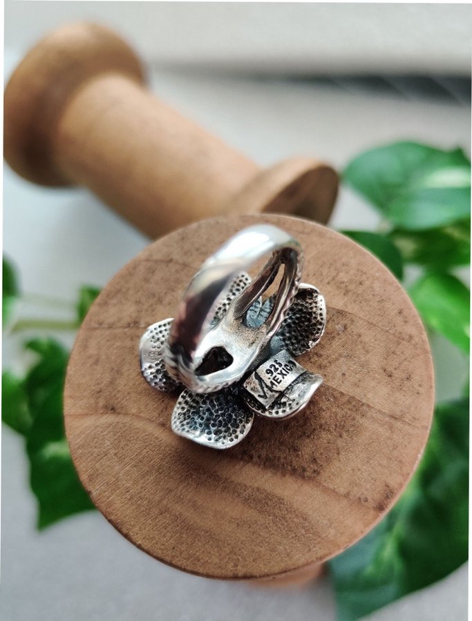 Vintage designer ring silver mexico V 925 blomma 3d spröt växt blad natur löv 15