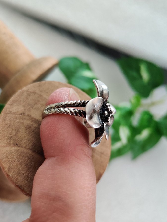 Vintage designer ring silver mexico V 925 blomma 3d spröt växt blad natur löv 15