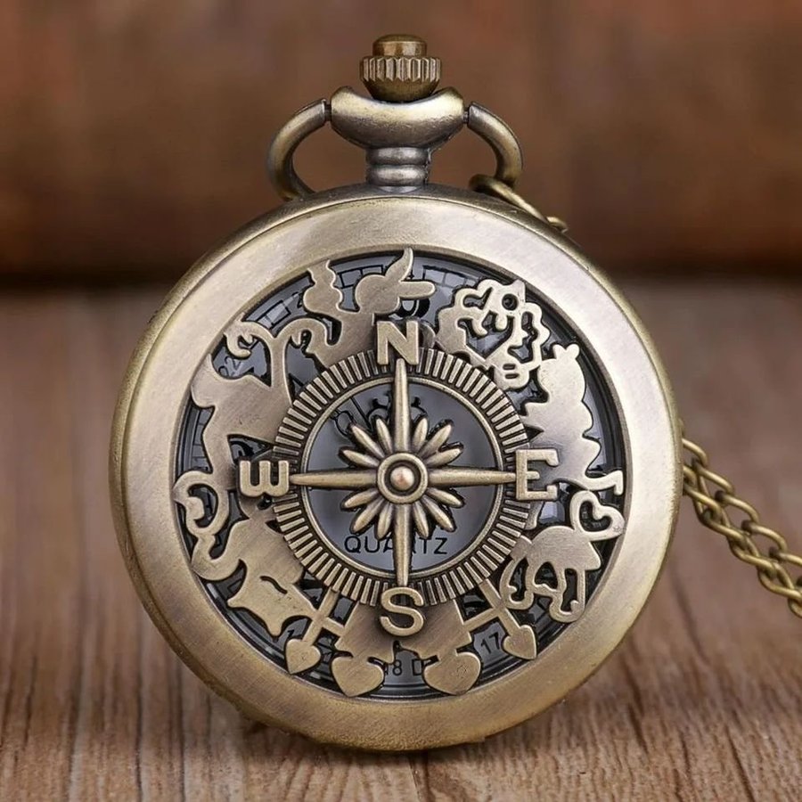 Ny retro vintage stil klocka silver brons ur med kedja kompass fickur