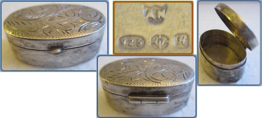 Vintage MINI Oval Pill Box Container "AN" Sterling Silver Pill Box 925 Sterling