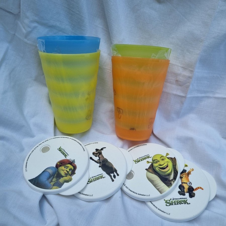 Tupperware muggar mugg glas Shrek 4st Nya Avanti med sugrörslock lock