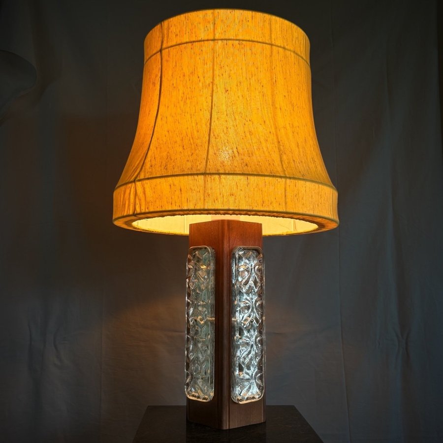 Stor Bordslampa retro 1960-tal teak  glas ELPE Armatur lampfot design lampskärm