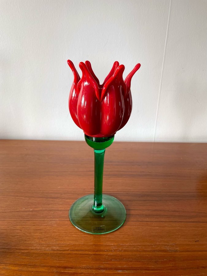 Ljusstake röd tulpan blomma ljuslykta ljushållare Tjeckien vintage glas