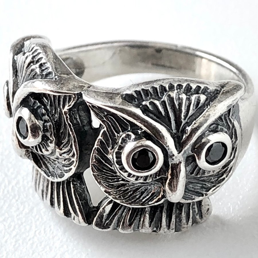 925 silver svart sten uggla ring - sterlingsilver